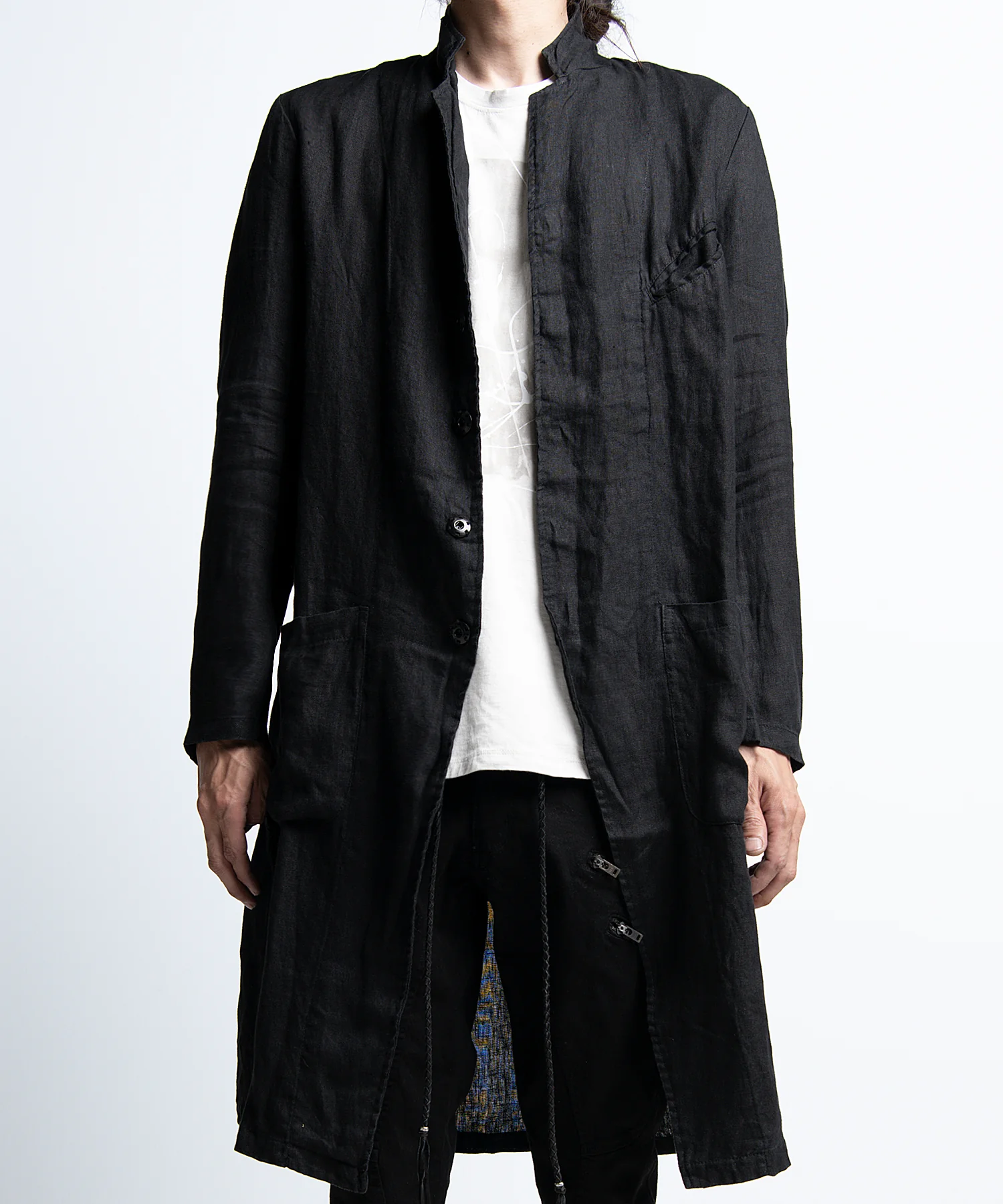 2401-JK02 Linen Side Slit Coat 02 Black - Image 12
