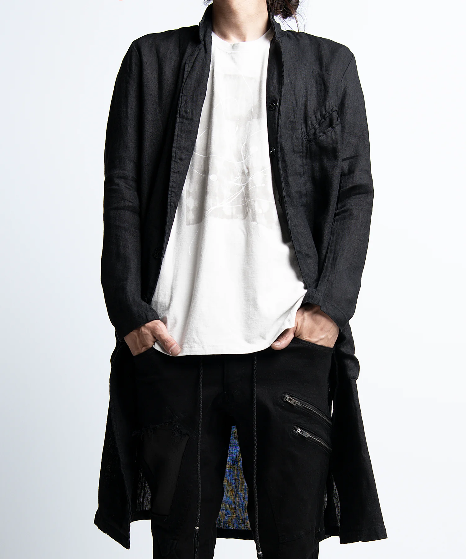 2401-JK02 Linen Side Slit Coat 02 Black - Image 14