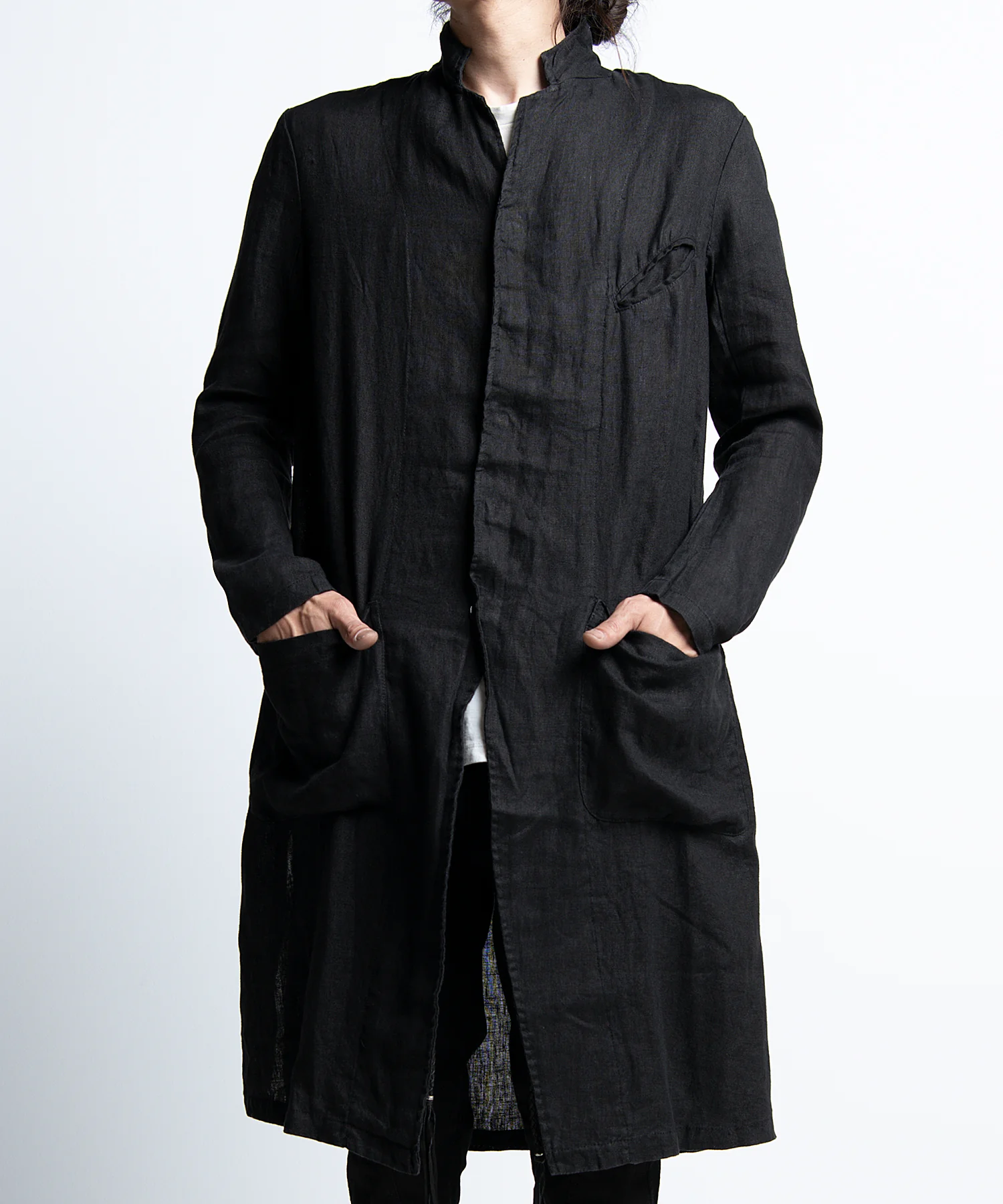 2401-JK02 Linen Side Slit Coat 02 Black - Image 2