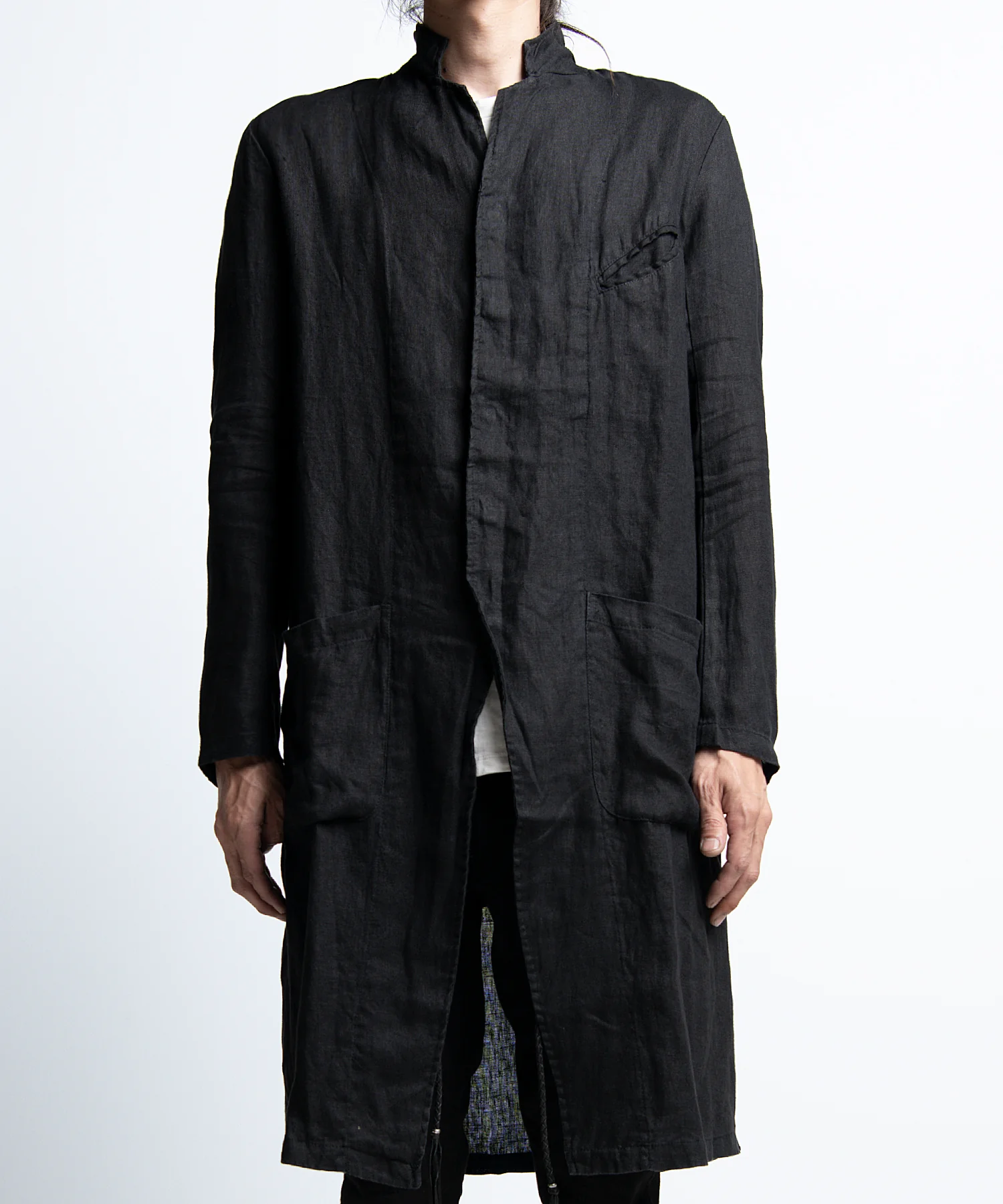 2401-JK02 Linen Side Slit Coat 02 Black - Image 3