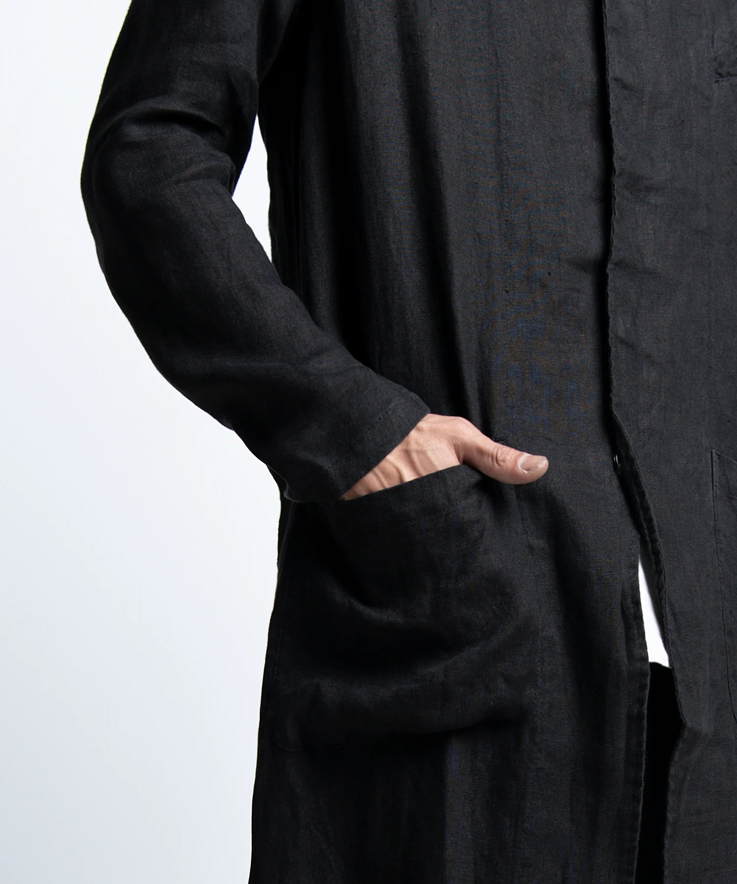 2401-JK02 Linen Side Slit Coat 02 Black - Image 7
