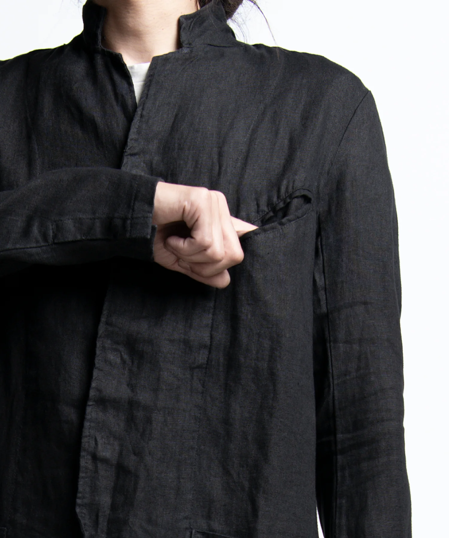 2401-JK02 Linen Side Slit Coat 02 Black - Image 8