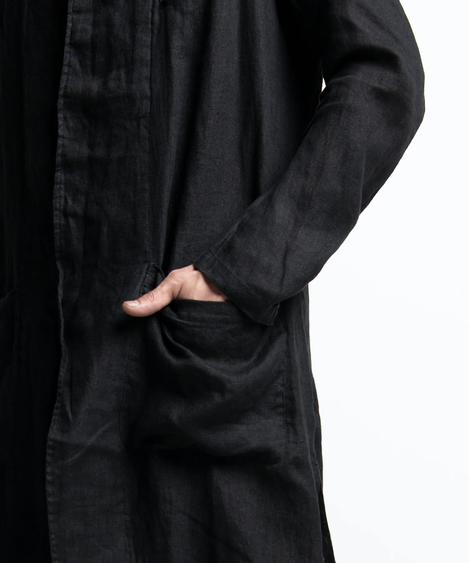 2401-JK02 Linen Side Slit Coat 02 Black - Image 9