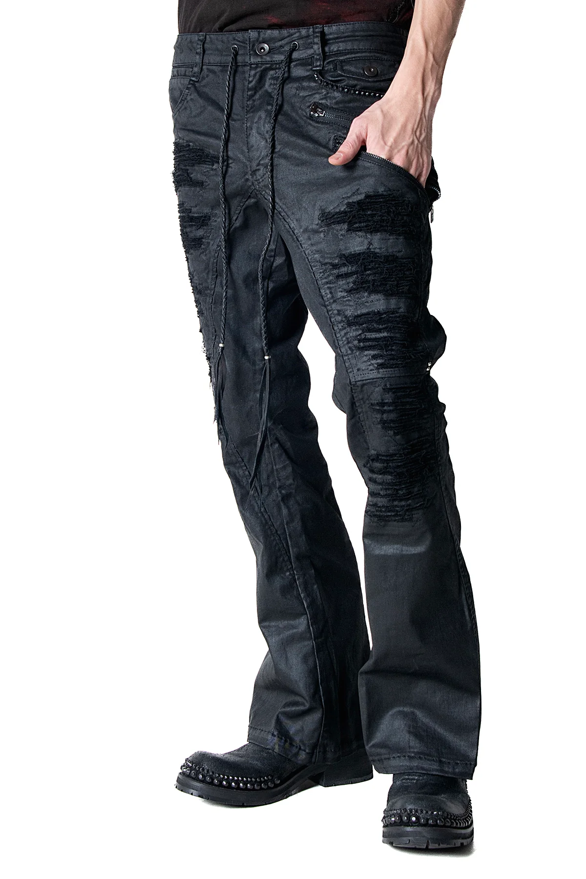 2502-PT18 Coating Double Zip Stretch Flare Pants - Image 15