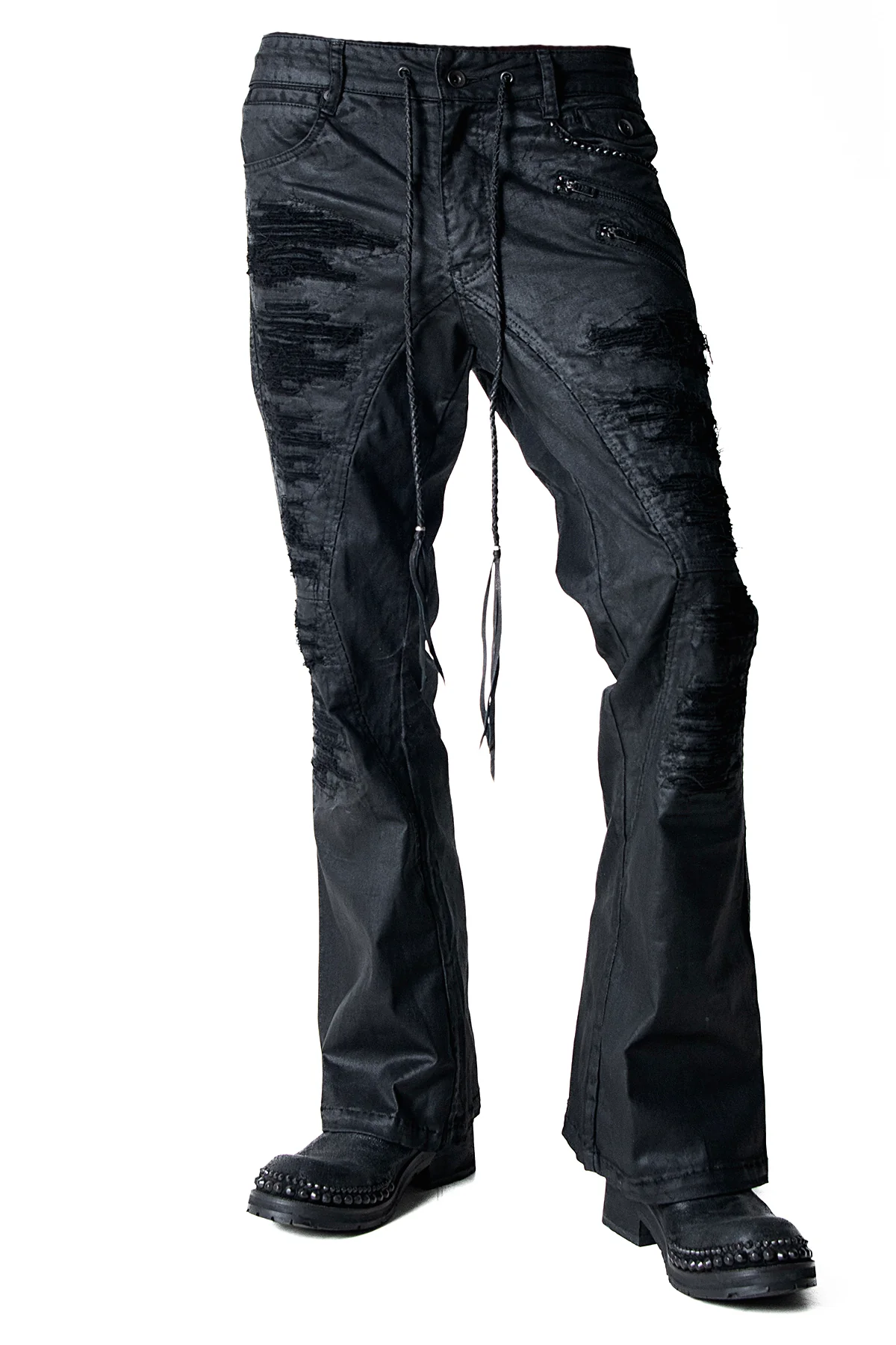 2502-PT18 Coating Double Zip Stretch Flare Pants - Image 2